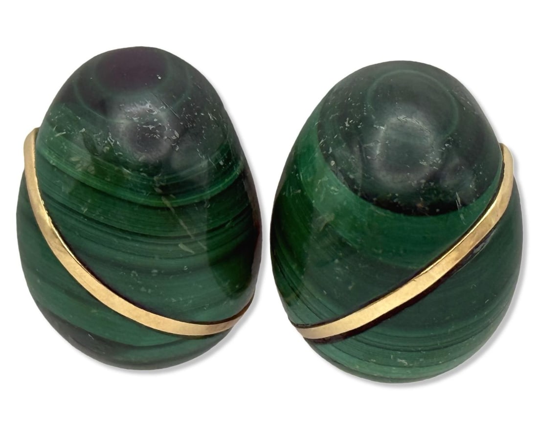 14kt YG & Carved Malachite Clip-On Earrings: 14kt YG & Carved Malachite Clip-On Earrings measures L: 1", weighs 16.40dwt total