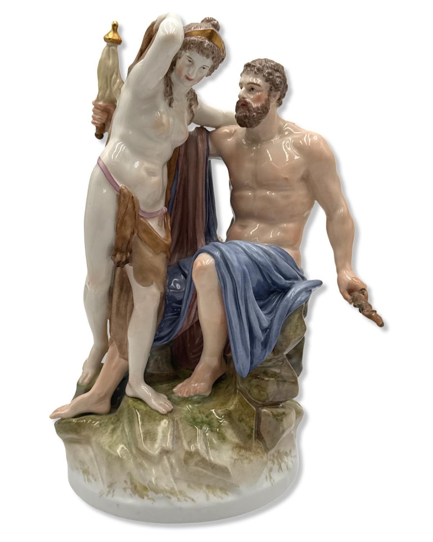 Antique KPM Porcelain Figurine Depicting a God, Goddess, & Cherub: Antique KPM Porcelain Figurine Depicting a God, Goddess, & Cherub measures H: 11 3/4" x W: 8". Male figures left hand appears to be glued or repaired, sold as is