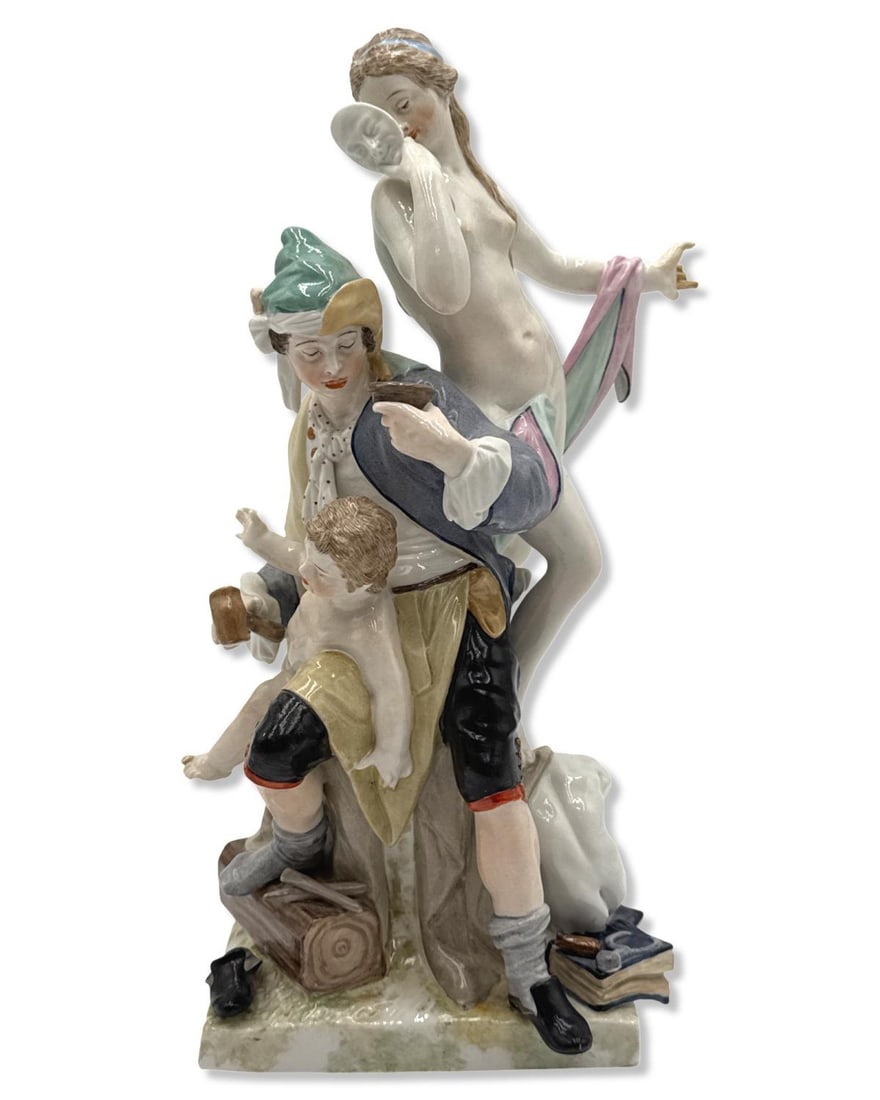 Unsigned Meissen? Antique Porcelain Figurine Depicting a Woman with a Theater Mask, & a Man Holding (1 of 3)