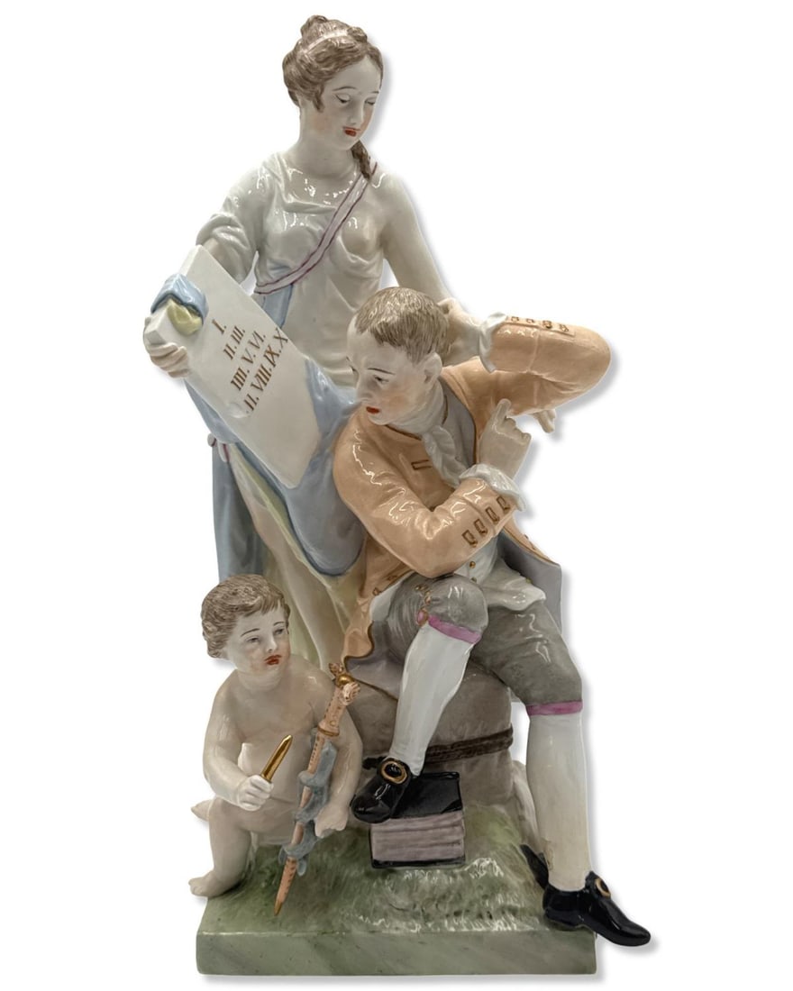 Unsigned Meissen? Antique Porcelain Figurine Depicting a Man with a Goddess, & Cherub: Unsigned Meissen? Antique Porcelain Figurine Depicting a Man with a Goddess, & Cherub measures H: 12 1/2" x W: 6 1/2". Book has a chip, sold as is