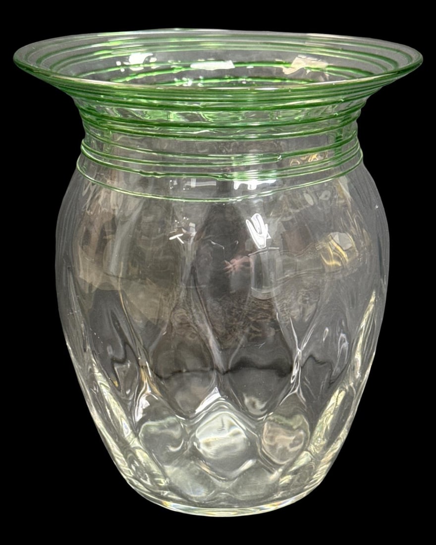 Carder Steuben Clear & Green Reeding Vase: Carder Steuben Clear & Green Reeding Vase measures H: 6 3/8" x W: 5 1/2"