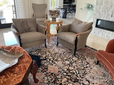 Pair of Beige Tone Upholstered Chairs with Black and Wood Accents