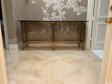 Contemporary Stone Top Open Console Table with Brass Toned Cross Bars & Fluted Legs