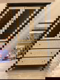 Large Beautifully Crafted Black, White, & Gold Craquelure Motif Three Drawer Armoire