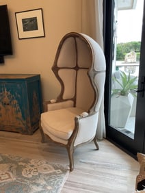 Upholstered Balloon Chair Featuring Carved Wooden Legs