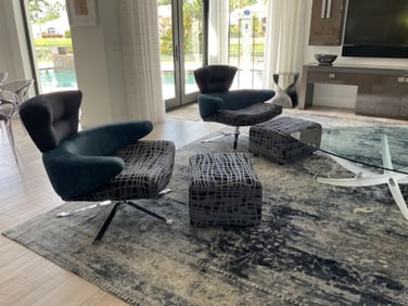 Pair of Dilmos Pouf Mary Armchairs & Checkered Ottomans