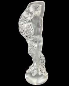 Rare Lalique France Clear & Frosted Crystal Sculpture of a Woman Holding a Flowing Jar
