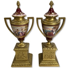 Pair of Royal Vienna Porcelain & Bronze Lidded Urns with Gilt Enamel Detailing Throughout