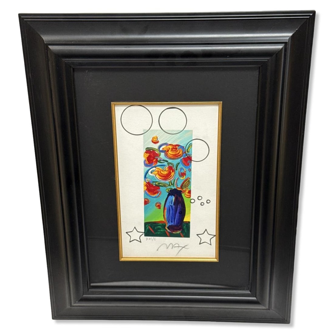 Signed Peter Max (German/American b. 1937) Vase of Flowers Serigraph in Color: Signed Peter Max (German/American b. 1937) Vase of Flowers Serigraph in Color. Signed, numbered, and stamped lower left, measures H: 12" x W: 7", 6" frame & matte. Includes original purchase label on