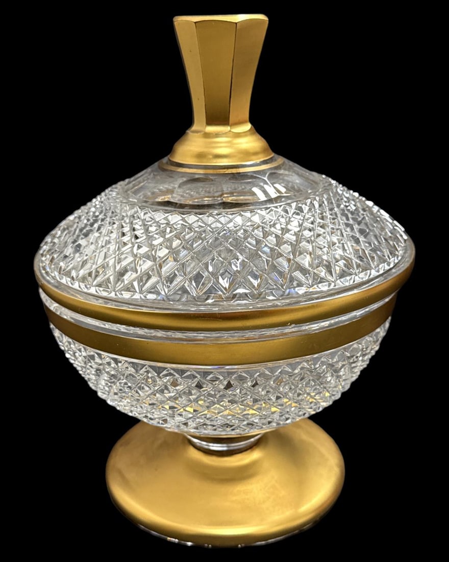 Russian Cut Crystal & Gilt Lidded Vase: Russian Cut Crystal & Gilt Lidded Vase measures H: 9 1/2" x W: 7"