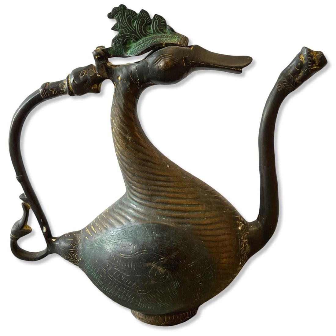 Indian Mughal Bronze Swan Ewer: Indian Mughal Bronze Swan Ewer measures 12 1/2" x 10"