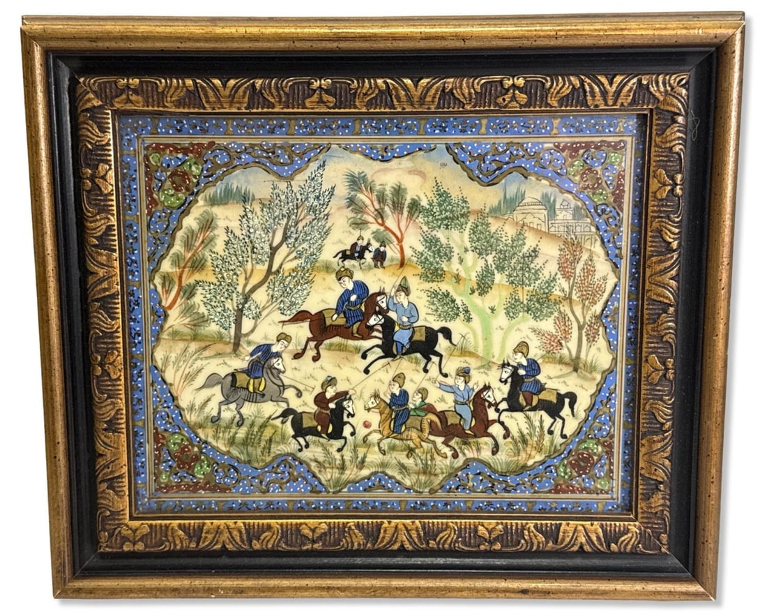 Antique Persian Hand Decorated & Inlaid Plaque: Antique Persian Hand Decorated & Inlaid Plaque measures H: 7 1/4" x W: 9 1/4", 3/4" frame
