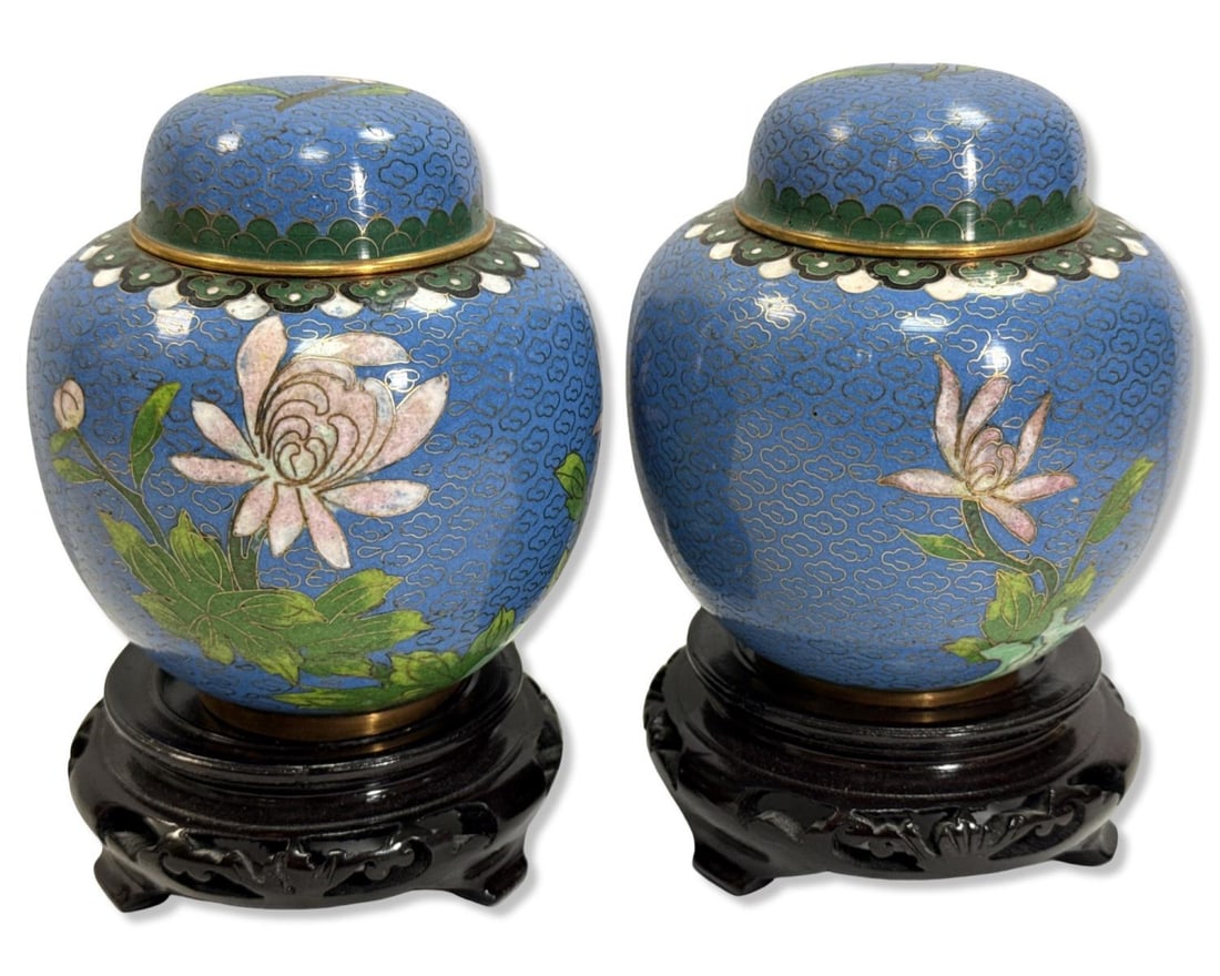 Pair of Antique Cloisonne Enamel Multicolored Floral Motif Vases on Wood Base (1 of 2)