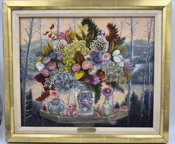 A colorful floral still life oil painting on board by Jacqueline Chuteau (French: B. 1923), rendered