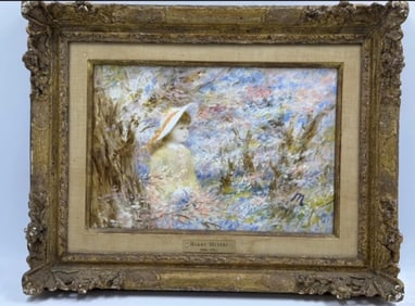 A charming oil painting on board by Harry Meyers (American: 20th century), depicting a serene scene