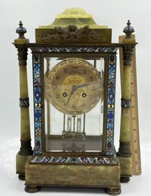 Vintage French Bronze Champleve & Onyx Mantel Clock