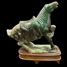 Antique Chinese Multicolored Carved Honan Jade Horse Figurine on Wood Base