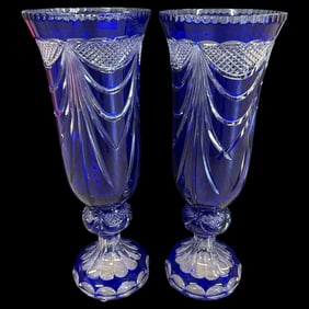 Pair of Cobalt Cut to Clear Crystal Palace Size Vases