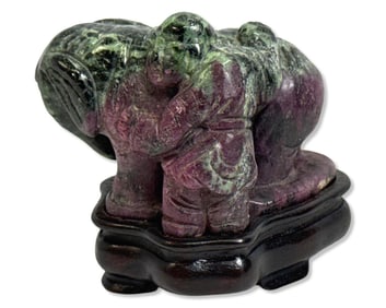 Ruby Zoisite Hand Carved Elephant & Boy Figurines