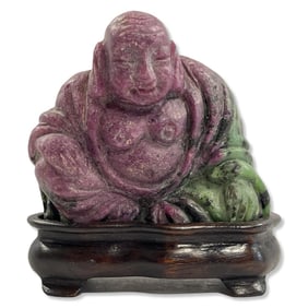 Ruby Zoisite Hand Carved Buddha on Wood Stand Figurine