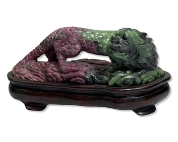 Ruby Zoisite Hand Carved Dragon Figurine on Wood Base