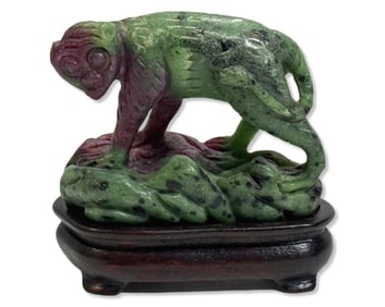 Ruby Zoisite Hand Carved Monkey Figurine on Wood Stand