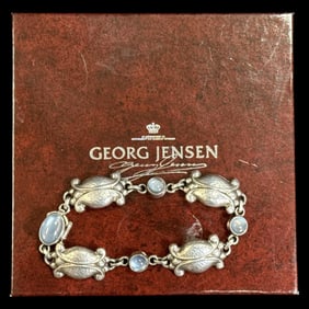 Georg Jensen Denmark Sterling Silver & Moonstone Floral Motif Bracelet