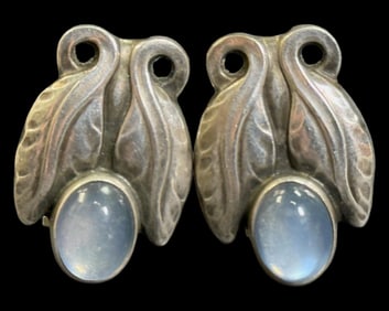 Georg Jensen Denmark Sterling Silver & Moonstone Floral Motif Clip-On Earrings
