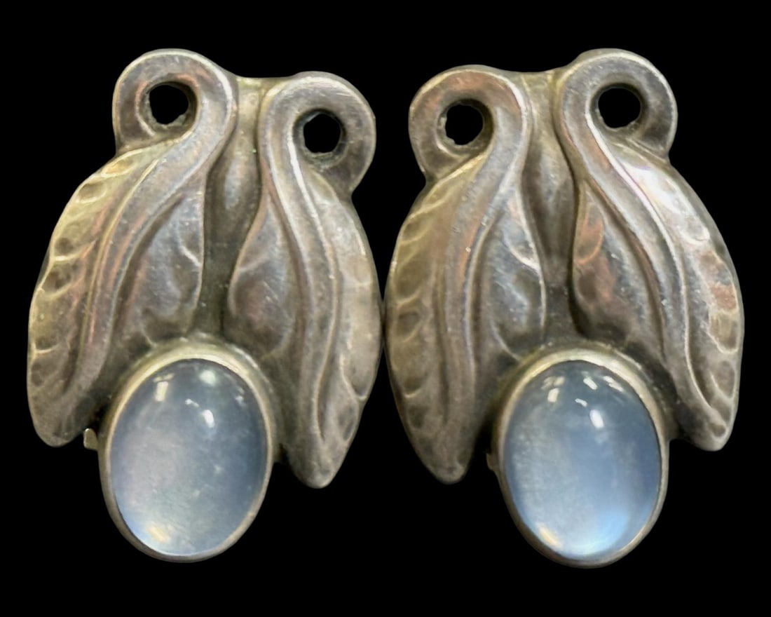 Georg Jensen Denmark Sterling Silver & Moonstone Floral Motif Clip-On Earrings: Georg Jensen Denmark Sterling Silver & Moonstone Floral Motif Clip-On Earrings measures L: 1", weighs 0.25OZT