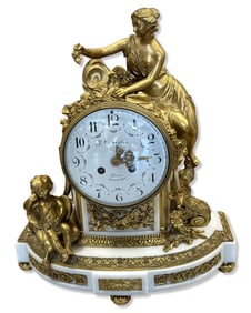 Antique French Dore Bronze & White Marble Figural Clock