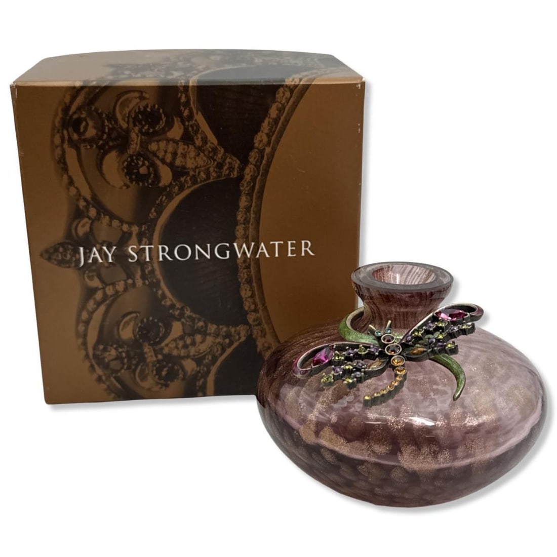 Jay Strongwater Glass & Jeweled Enamel Figural Perfume Bottle: Jay Strongwater Glass & Jeweled Enamel Figural Perfume Bottle measures H: 3 1/4" x W: 4". Includes original box