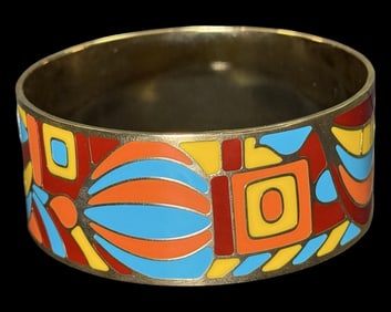 Hermes Style Multicolored Enamel & Goldtone Stainless Steel Bangle Bracelet