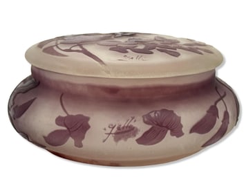 Signed Galle Floral Motif Cameo Glass Covered Box