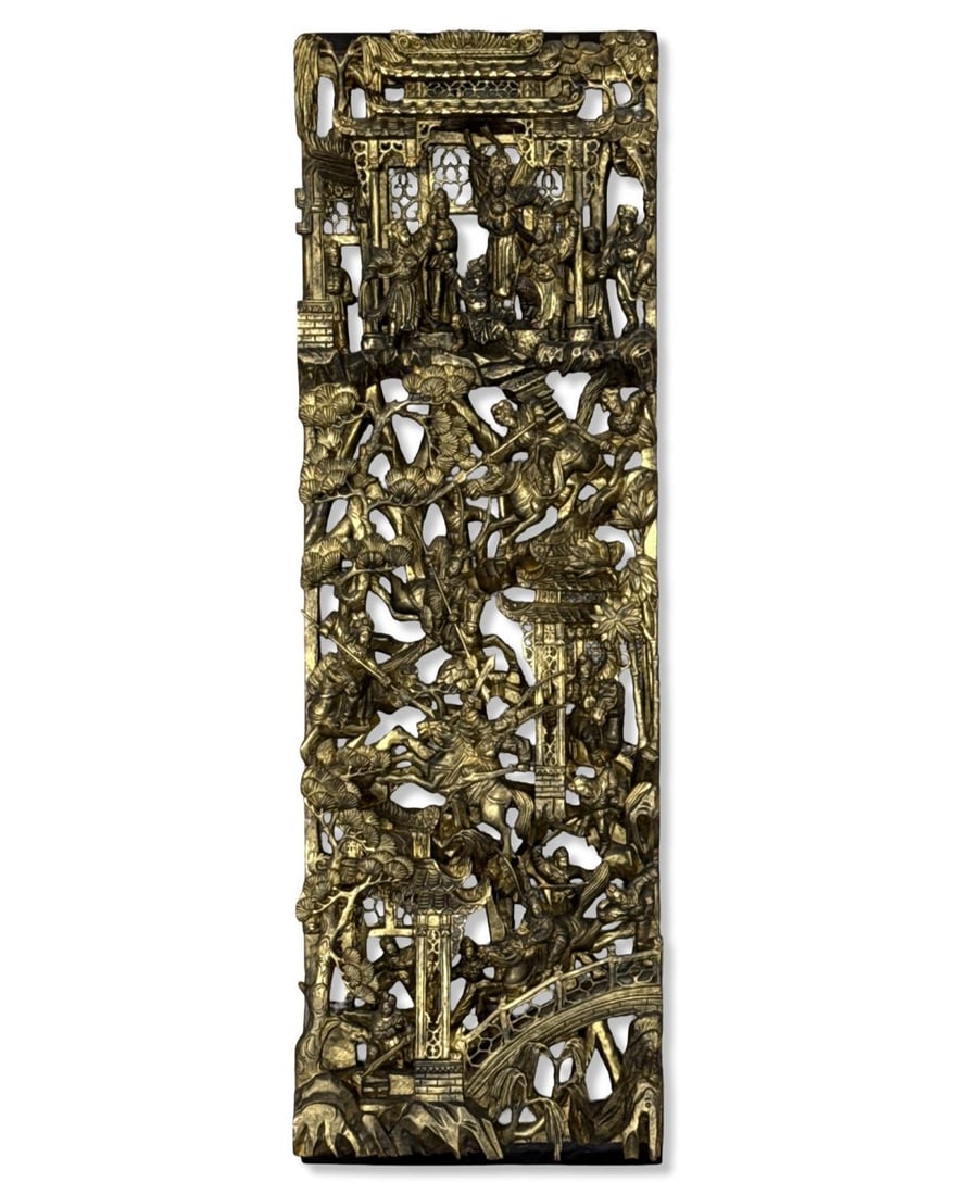 Antique Chinese Gilt Wall Carving Featuring a Battle Scene: Antique Chinese Gilt Wall Carving Featuring a Battle Scene measures H: 26" x W: 8 1/8" x L: 2 3/8"