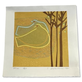 Signed Japanese Woodblock Print Two Birds. Signed S. Yokoshima 1981