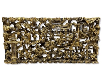 Antique Chinese Gilt Wall Carving Featuring a Battle Scene