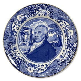 Spode Blue & White Porcelain Plate with Gilt Enamel Border Featuring a Portrait of Josiah Spode I