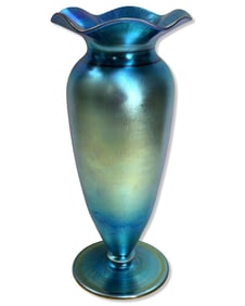 Signed Carder Steuben Blue Aurene Iridescent Art Glass Vase with Ruffled Rim