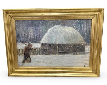 Signed Maximilien Luce (French, 1858-1941) Oil Painting on Board of a Rural Winter Scene