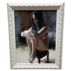 Signed Dominic Pangborn (Korean/American b. 1952) Oil Painting on Board of a Nude Woman "Shy"