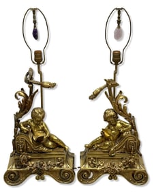 Pair of Antique Louis XV Style Dore Bronze Figural Andirons Converted into Lamps