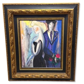 Signed Linda Le Kinff (French b. 1949) Oil Painting Man & Woman with Rose