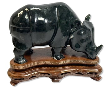 Chinese Carved Jade Rhinoceros Figurine on Wood Base