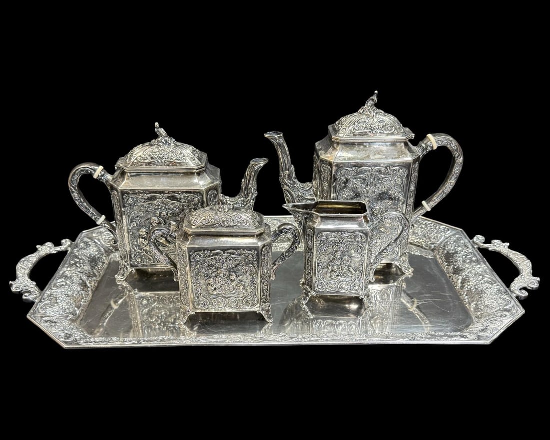 Antique European 800 Silver Uniquely Hand Chased Five Piece Tea/Coffee Serving Set (1 of 7)