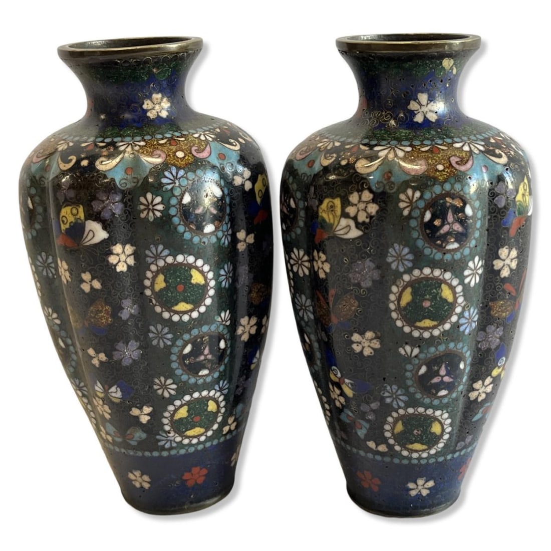 Pair of Japanese Cloisonne Enamel Vases Featuring a Butterfly Motif (1 of 3)