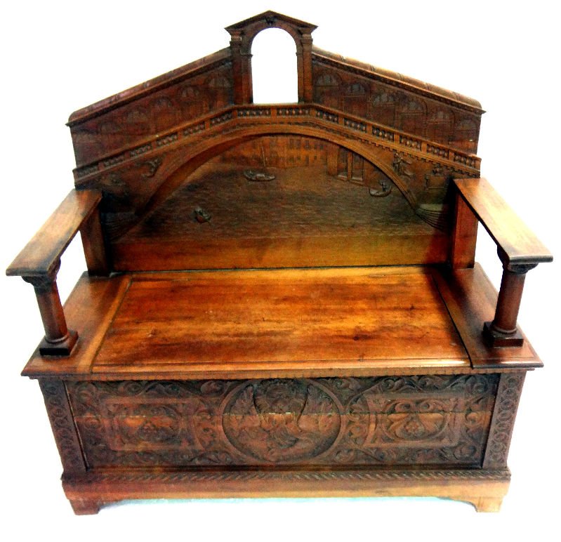 Antique Italian Carved Oak Storage Bench: Antique Italian Carved Oak Storage Bench with Venice scene on back board. Measures - 45' high x 43 5/8" wide x 17 3/8" deep.For Domestic or International Shipping Quotes Please Feel Call Ryan or Dave 