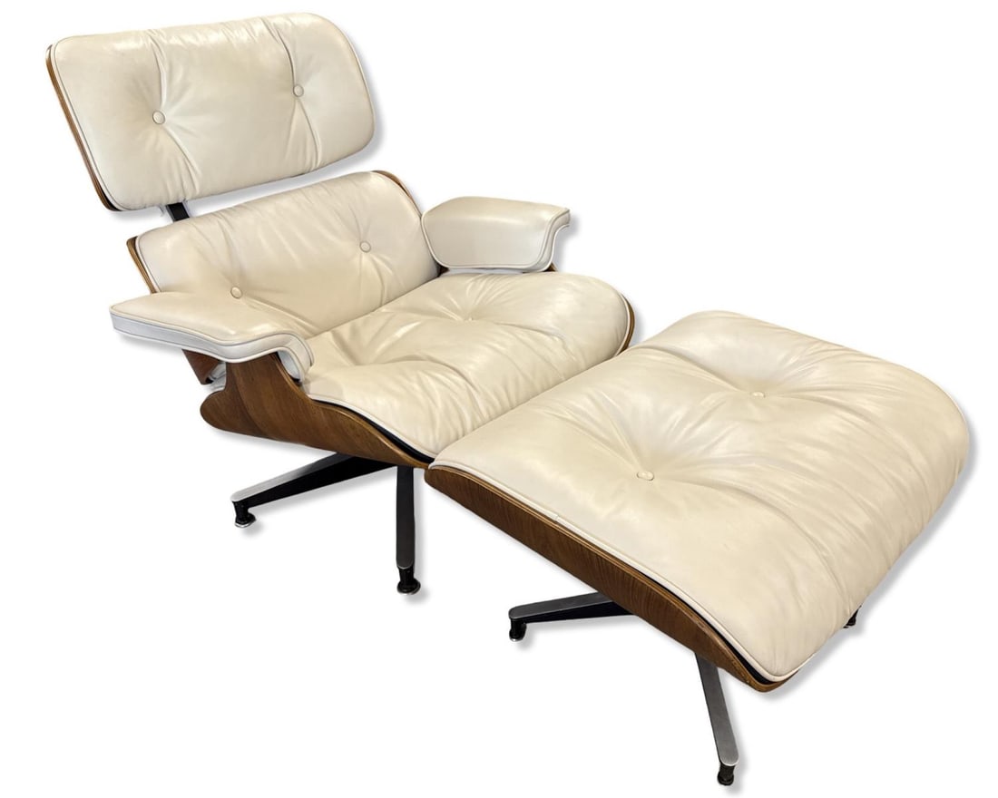 Herman Miller Charles & Ray Eames Lounge Chair & Ottoman in White Leather & Walnut Veneer (1 of 7)