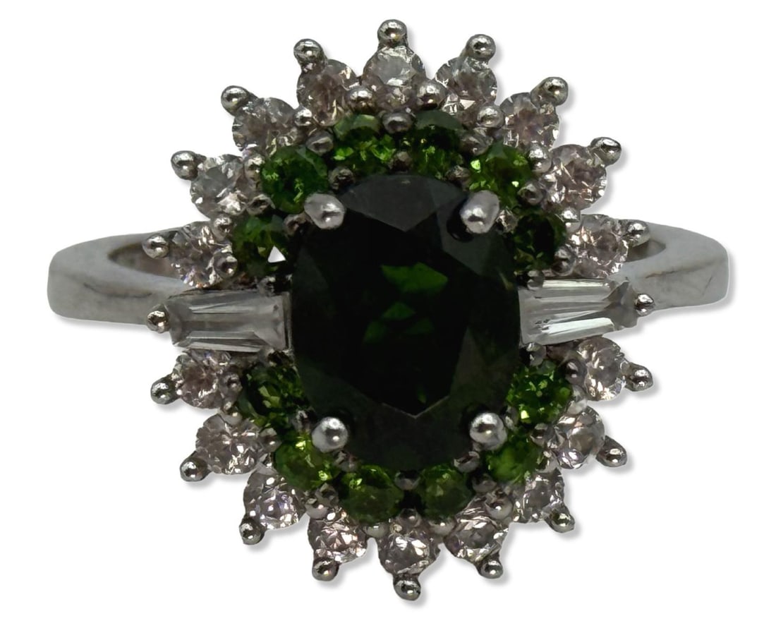 Sterling Silver, White Sapphire, & Chrome Diopside Ring: Sterling Silver, White Sapphire, & Chrome Diopside Ring size 8 1/4