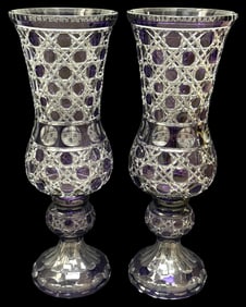 Pair of Purple Cut to Clear Crystal Palace Size Vases