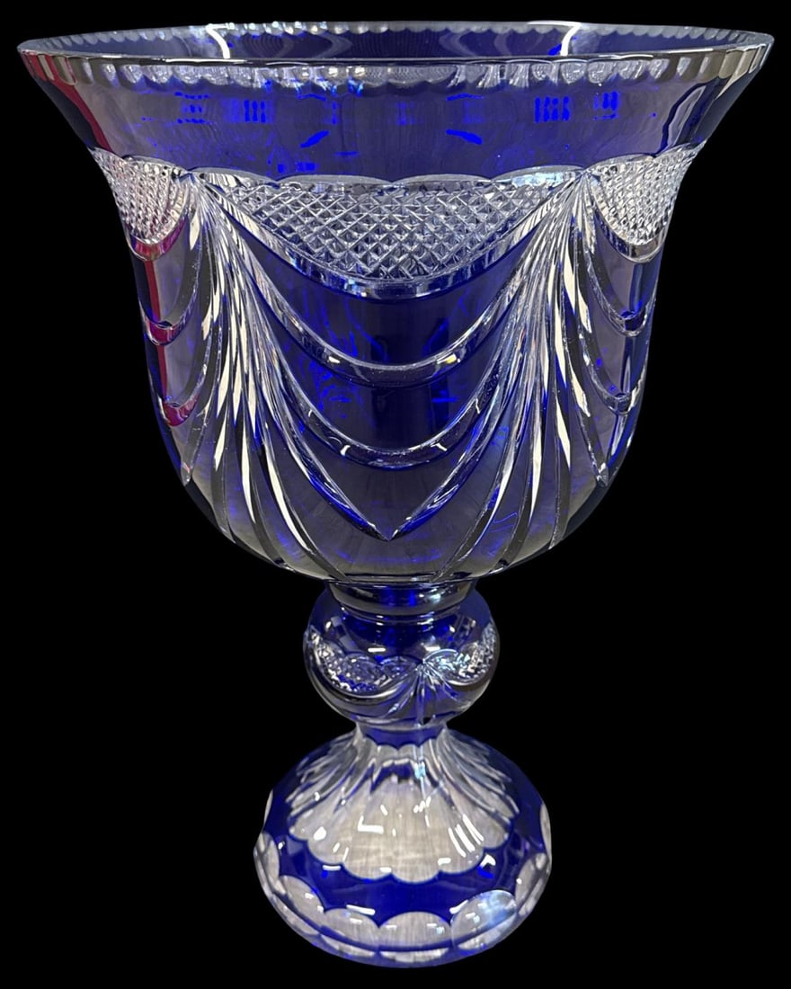Cobalt Cut to Clear Crystal Palace Size Centerpiece Vase: Cobalt Cut to Clear Crystal Palace Size Centerpiece Vase measures H: 17 1/8" x DIA: 11 5/8"